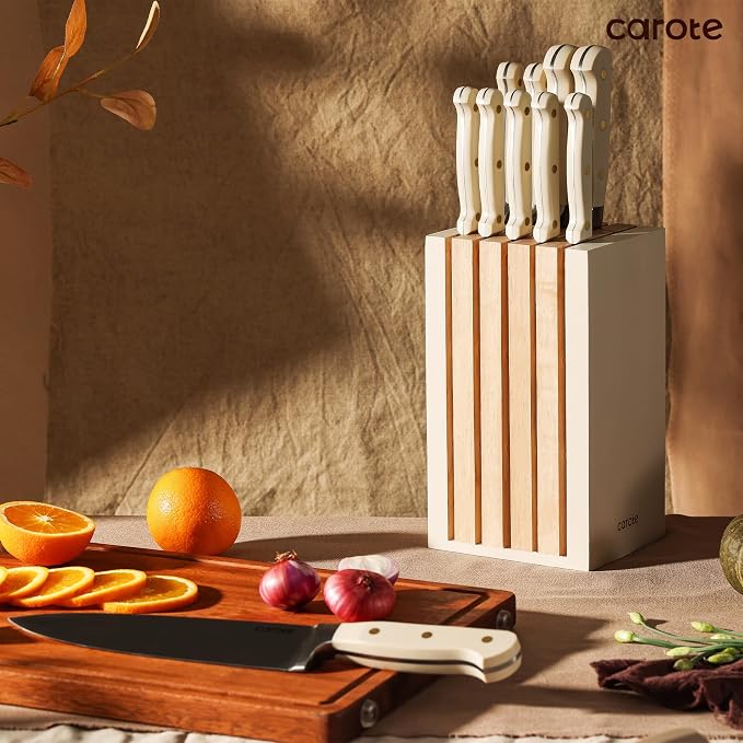 CAROTE 11-Piece Kitchen Knife Set with Magnetic Wood Block, Beige | Razor-Sharp Stainless Steel Knives, Long-Lasting Sharpness, Rust-Resistant, Triple-Riveted Ergonomic Non-Slip Handles