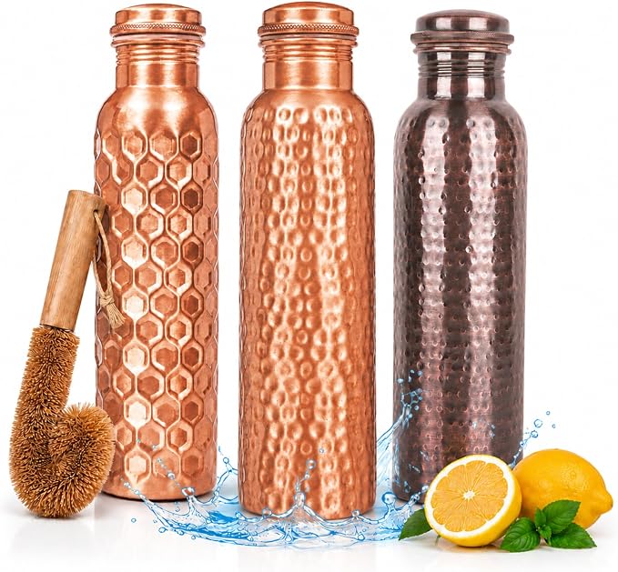 Copper Water Bottle,Ayurvedic Pure Copper Bottle For Drinking - Drink More Water, Lower Your Sugar Intake And Enjoy the Health Benefits Immediately,32 Oz (1Cleaning Brush+2 Hammered+1Diamond Bottle)