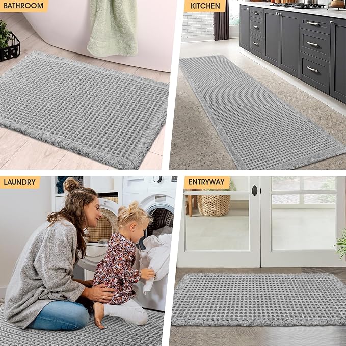 IM HOME Waffle Bath Mat Set 3 Piece Light Grey,Woven Modern Bath Rug Mats, Absorbent Non Slip Bath Floor Mat, Soft Washable Boho Bath Rugs with Tassels for Bathroom, Bedroom, Kitchen,Tub