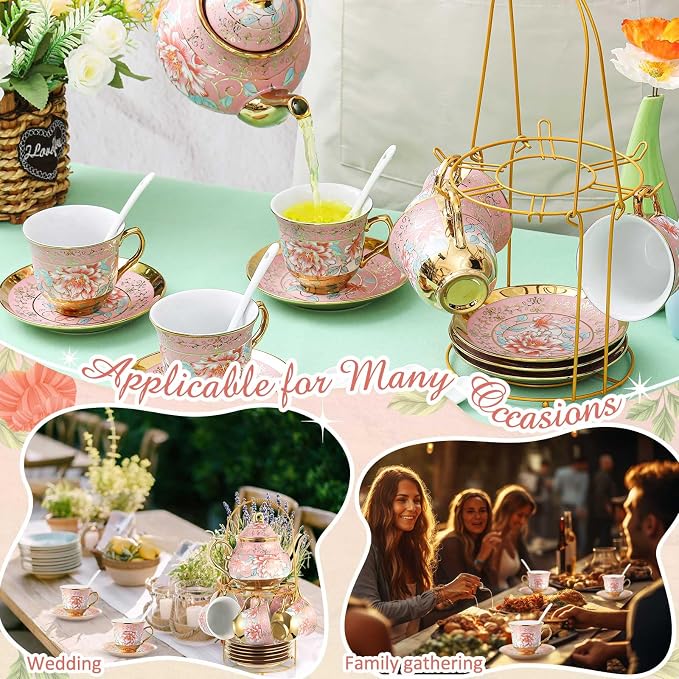 Zhehao 20 Pcs Porcelain Tea Set with Metal Holder and Spoon Adult Ceramic Tea Set European Flower Painting Teapot Cup Saucer Spoon for Women Mom Gift, Large Version (Pink Style)