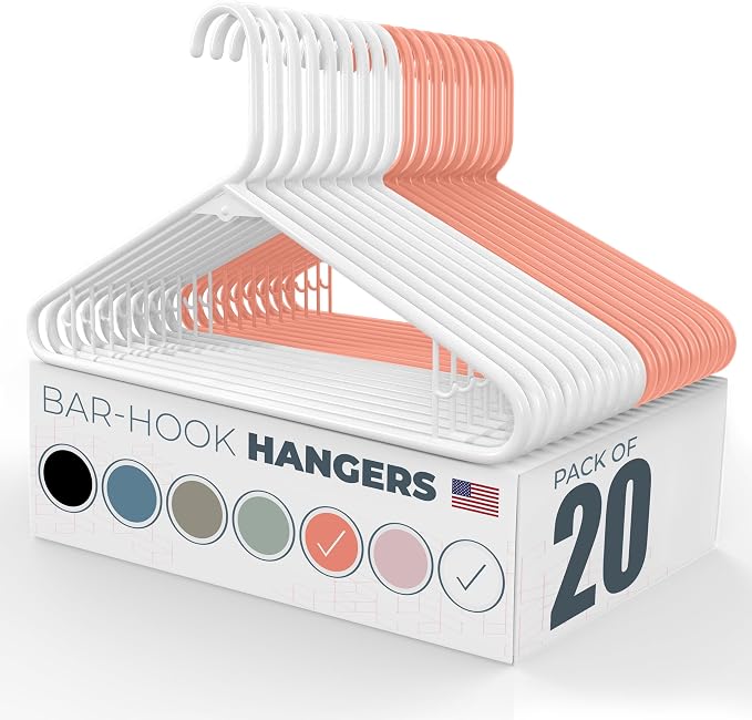 Plastic Hangers 20 Pack - Made in the USA - 6lb Capacity Standard Clothes Hangers with Strap Hooks for Dresses, Lingerie, Shirts, Pants, and Jackets - White & Peach