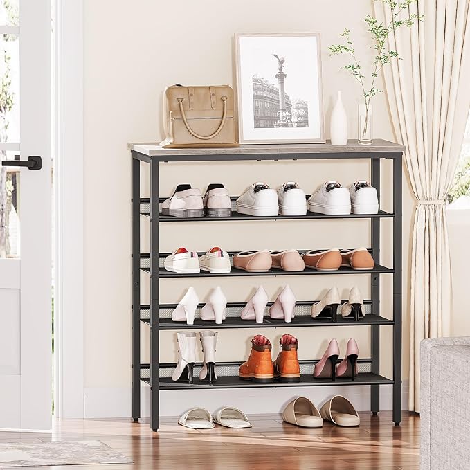 HOOBRO Shoe Rack for Entryway, 5-Tier Shoe Organizer with Adjustable Mesh Shelves, 16-20 Pairs of Shoes, Spacious Floor Mount, Metal, Industrial, Shoe Shelf for Closet, Greige BG12XJ01