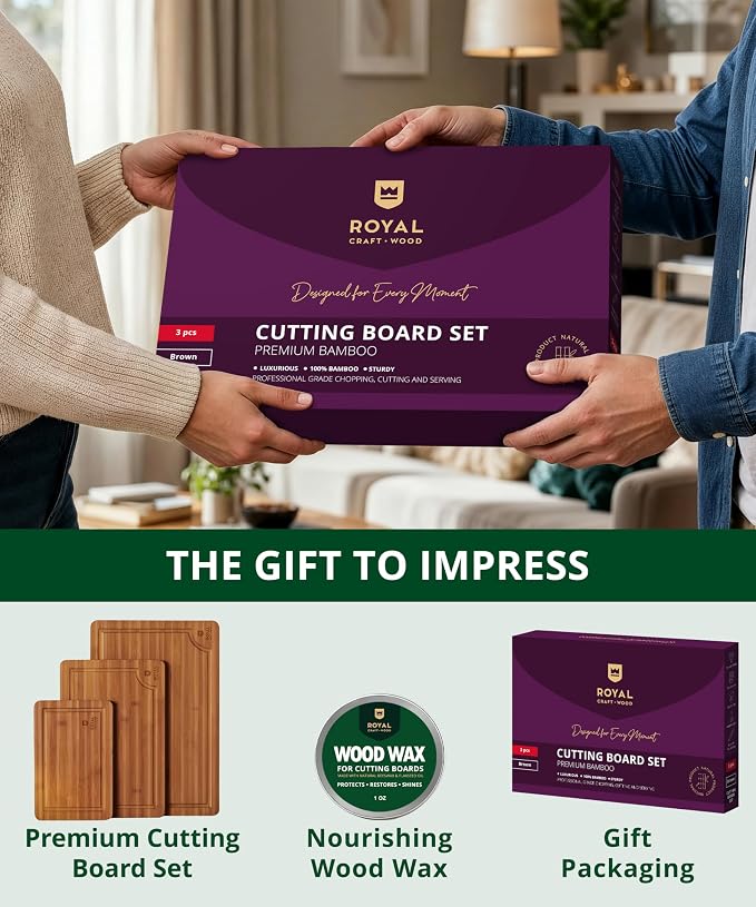 ROYAL CRAFT WOOD Wooden Cutting Boards for Kitchen Meal Prep & Serving - Bamboo Wood Serving Board Set with Deep Juice Groove Side Handles - Charcuterie & Chopping Butcher Block for Meat