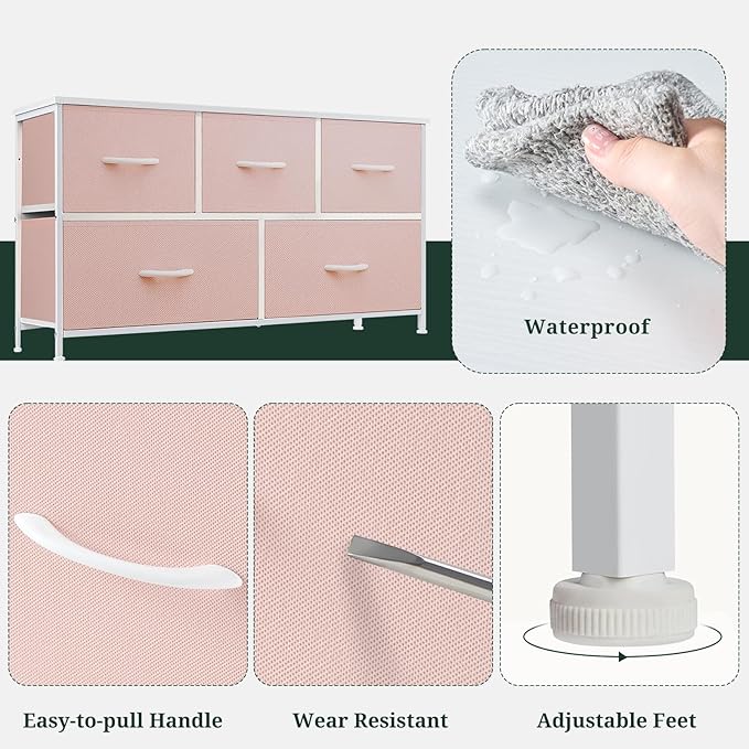 5-Drawer Dresser for Bedroom, Anti-Tip Wide Storage Organizer Fabric Chest of Drawers TV Stand for 45" TV with Wooden Top and Metal Frame for Closet, Living Room, Hallway, Entryway, Pink