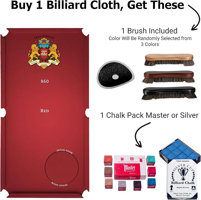 Simonis 860 Pool Table Cloth Replacement Kit for Tables Includes Precut Bed and Rail Cloth, Horsehair Brush, Spots, and Chalk (Multiple Colors)