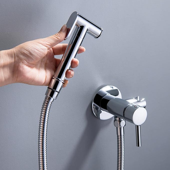 SHAMANDA Warm Water Bidet Sprayer for Toilet with Hot and Cold Brass Rough-in Valve, Stainless Steel Round Handheld Bidet Attachment Set for Feminine, Pets and Baby Diaper Wash, Polished Chrome BDS09