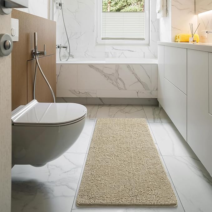 LOCHAS Luxury Bathroom Rug Shaggy Bath Mat 48 x 17 Inch, Beige | Washable Non Slip Bath Rugs for Bathroom Shower, Soft Plush Chenille Absorbent Carpets