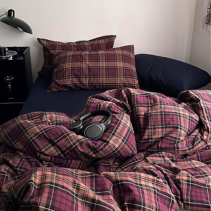 mixinni Vintage Buffalo Plaid Duvet Cover Set Twin XL Size – 3 Piece Washed Cotton Bedding for College Dorm, Soft & Breathable Burgundy Grid Comforter Cover with Retro Aesthetic for Teen Boys Girls