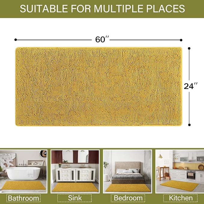 LOCHAS Luxury Bathroom Rug Shaggy Bath Mat 24 x 60 Inch, Yellow | Washable Non Slip Bath Rugs for Bathroom Shower, Soft Plush Chenille Absorbent Carpets