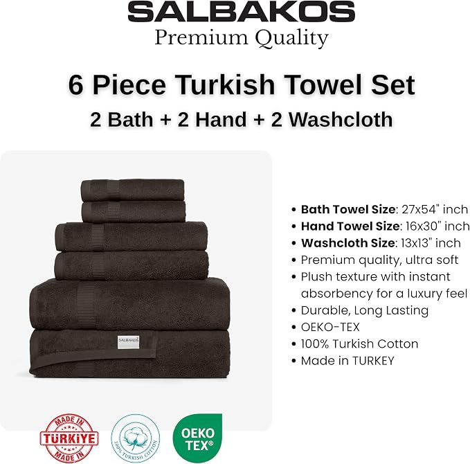 SALBAKOS 100% Turkish Cotton Bathroom Towel Set of 6-Piece, Chocolate | 630 Gsm Thick Super Soft Highly Absorbent 2 Bath + 2 Hand + 2 Washcloth Towels Sets, Giftable, Hotel Quality, Made in Turkey
