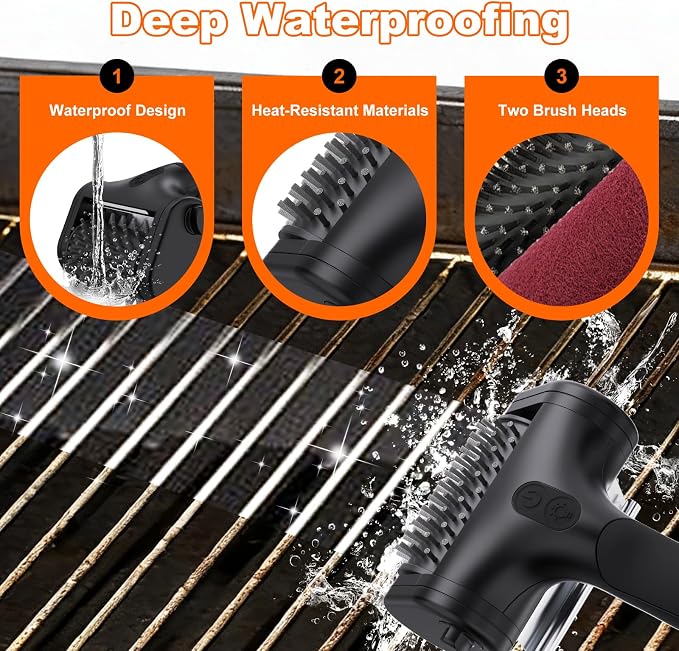 Electric Grill Brush for Outdoor Grill,2600mAh Rechargeable Electric Grill Cleaner with 2-Speed(Max 1000RPM)，2 Replacement Heads and LED Light for Outdoor/Camping BBQ Grates Cleaning Tool (Black)