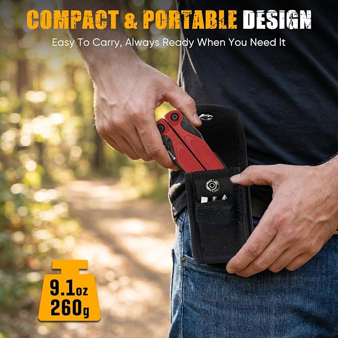 BIBURY Lightweight G10 Handle Multitool Pliers, 25-in-1 EDC Multi Tool with Replaceable Wire Cutters, Scissors, One-Hand Opening Pocket Knife Survival Tools for Camping, Repair,Survival -BI2048R