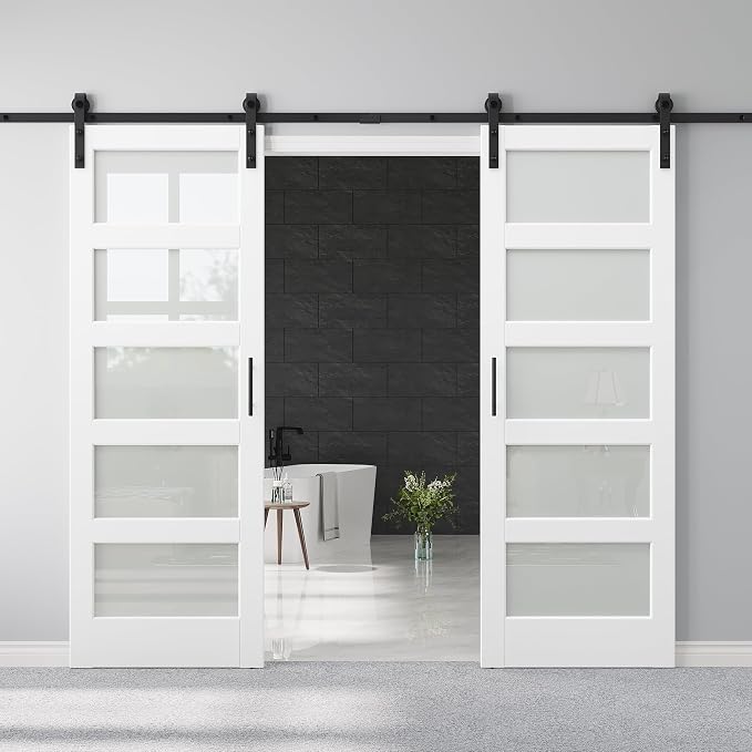 60" x 84" 5-Lites Frosted Glass Double Barn Doors and 12FT Track Hardware Kit, Easy Assembly for Mortise and Tenon Structure, Water & Scratch Resistant Sliding Barn Door, Easy to Clean, Pre-Drilled