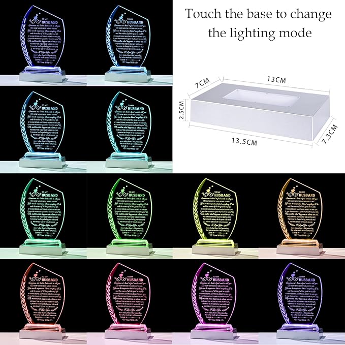 Best Birthday Gifts for Husband from Wife Unique Glass Plaque, Wedding Anniversary Meaningful Present To My Husband with Colorful Led Base for Christmas Valentines Fathers Day