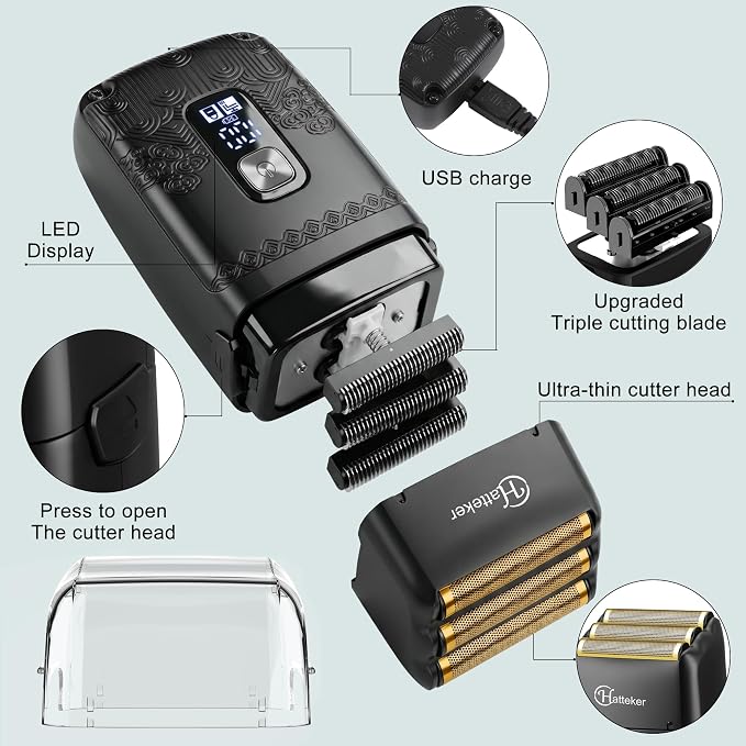 Hatteker Professional Hair Clipper Electric Razor Foil Shavers for Men Body Nose Ear Hair Grooming Kit with Triple Blades Cordless Waterproof