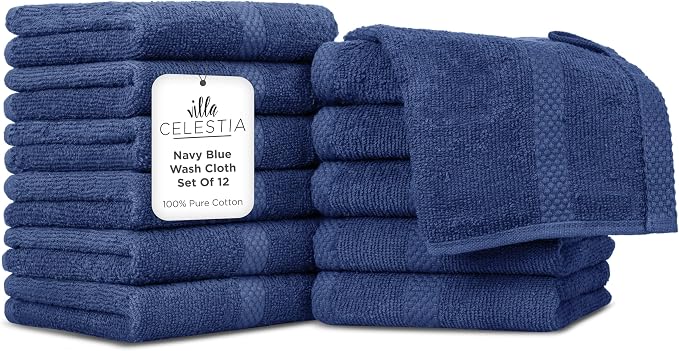 Villa Celestia Cotton Washcloths Set of 12, 12x12 Inch, 100% Ring-Spun Combed Cotton, Soft Absorbent Quick-Dry Wash Cloths for Face and Body, Oeko-TEX Certified, Hotel & Spa Quality, Navy Blue