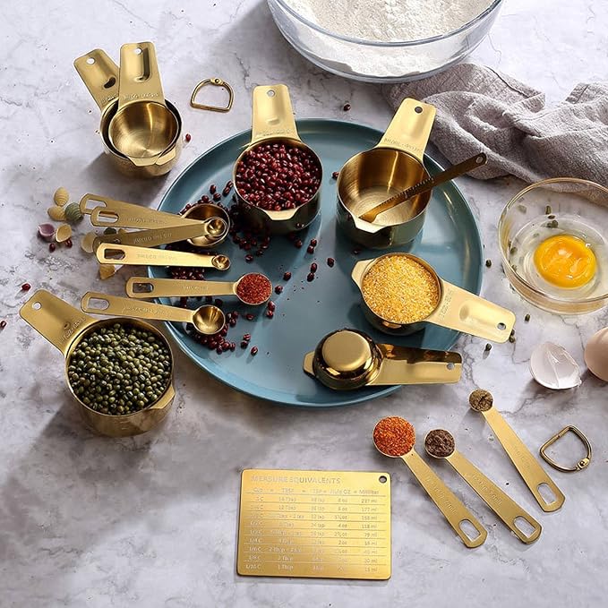 Gold Measuring Cups with Stainless Steel Construction, Gold Measuring Spoons with Sleek Appearance, 18 Piece Tool Set for Baking Cooking Kitchen Use