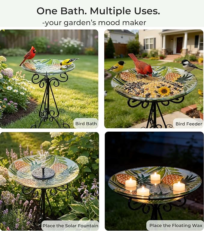 Large Glass Bird Bath with Metal Stand, Pineapple | 18" Wide Bowl, 3.2" Bathing Depth, Thick Glass Construction, Stable 3-Leg Base, Easy Clean Surface, Garden Decor