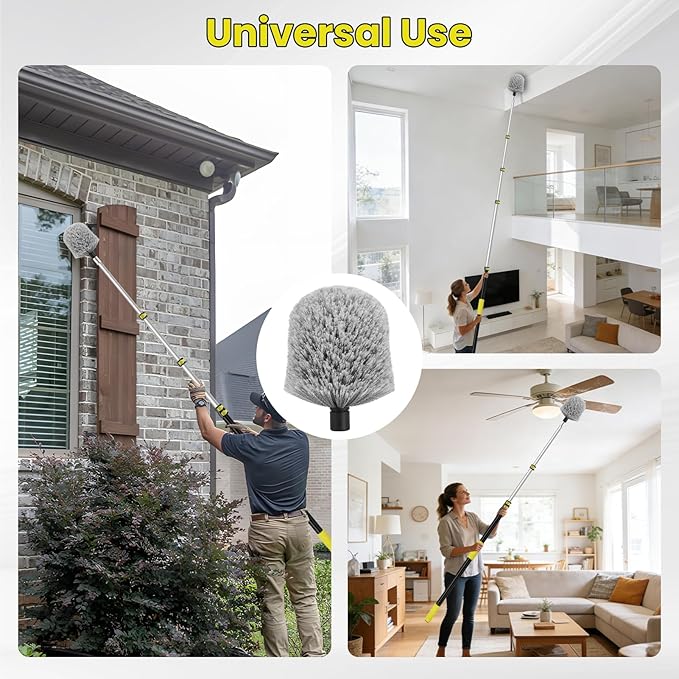 20FT High Reach Cobweb Duster with Extension Pole, Spider Web Brush for Cleaning with 3-12FT Telescopic Pole, 8" Larger Extendable Duster for High Indoor & Outdoor Webs