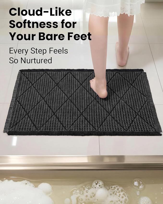 Furicher Waffle Bath Mat Set, Non Slip Bathroom Rugs Sets 2 Piece, Ultra Absorbent Long Bath Rug Runner for Bathroom Decor, Machine Washable Boho Mats, Dark Grey & Grey, 20"×47" Plus 18"×30"