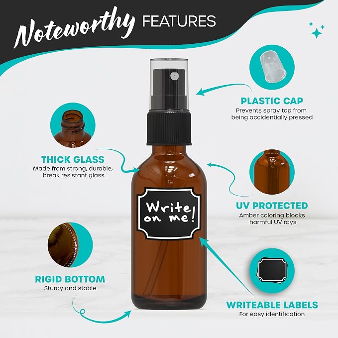 Nevlers 24PK 2 Oz Amber Glass Spray Bottles for Essential Oils | Amber Glass Bottle Set w/Shrink Wrap, Funnel, Labels & More | Fine Mist Spray Bottles for Face Mist Bottle, Hair Mister, Oil Mister