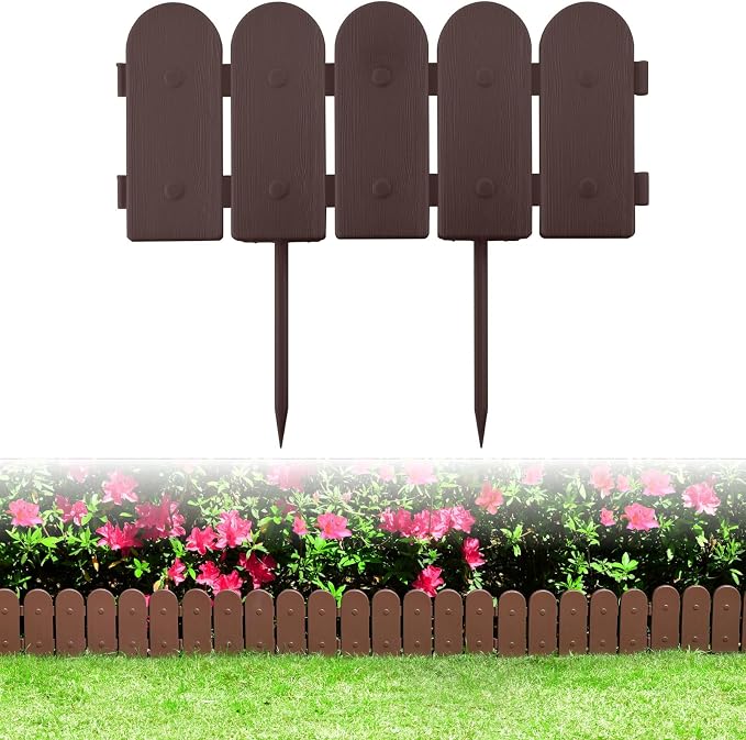 Garden Border Plastic Edging: Wooden Fence Design - 16pcs Brown Yard Landscaping Fence Liner Lawn Edge Barrier - 20ft Kit of Decorative Lawn Panels Elements -Landscaping Edging-GMT-10374-A16