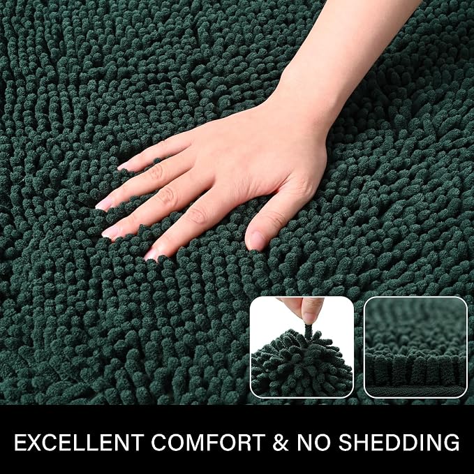 LOCHAS Luxury Bathroom Rug Shaggy Bath Mat 24 x 44 Inch, Hunter Green | Washable Non Slip Bath Rugs for Bathroom Shower, Soft Plush Chenille Absorbent Carpets