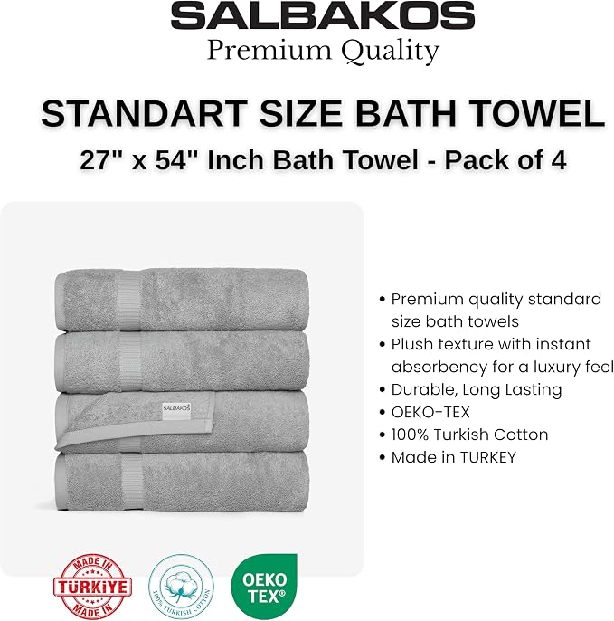 SALBAKOS 4-Piece 100% Turkish Cotton Bath Towels, 27x54 inch, Silver | Standard Size, 630 Gsm Thick Super Soft Highly Absorbent Quick-Dry Bathroom Towel, Premium Hotel & Spa Quality Made in Turkey