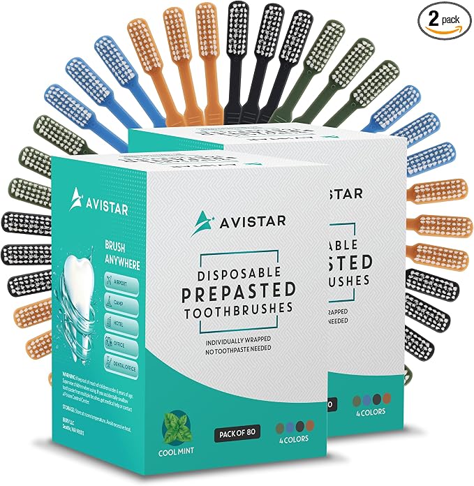 Avistar 160 Prepasted Disposable Toothbrushes Individually Wrapped - Single Use Pre Pasted Disposable Toothbrushes with Toothpaste Built in - Waterless Toothbrush for Travel, Guests, Hotel, & Camping