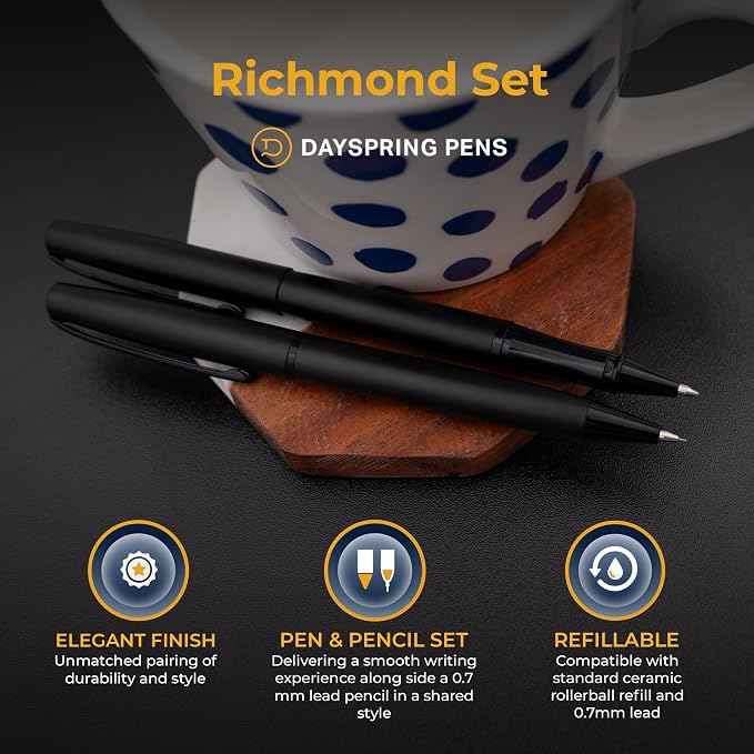Dayspring Pens Richmond Rollerball and Pencil Set, Matte Black, Silver Engraving, Standard Ceramic Refill, 0.7mm Pencil with Lead, Gift for Graduation, Career Advancement, Birthdays