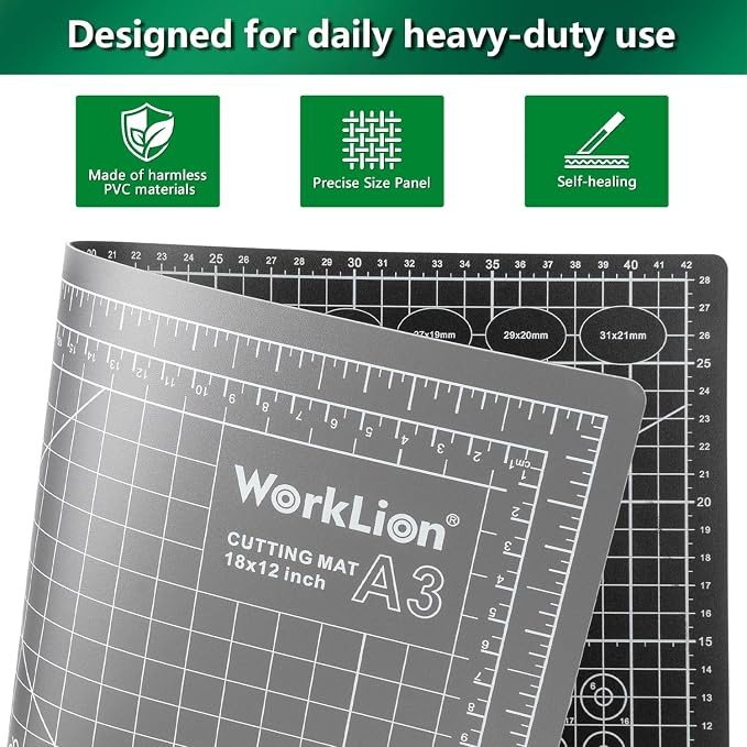 Self Healing Cutting Mat: 12''x18'' Double Sided Craft Cutting Mat for Sewing, Fabric, Quilting - 5-Ply Slip-Resistant Hobby Cutting Board for DIY Projects (Grey/Black)