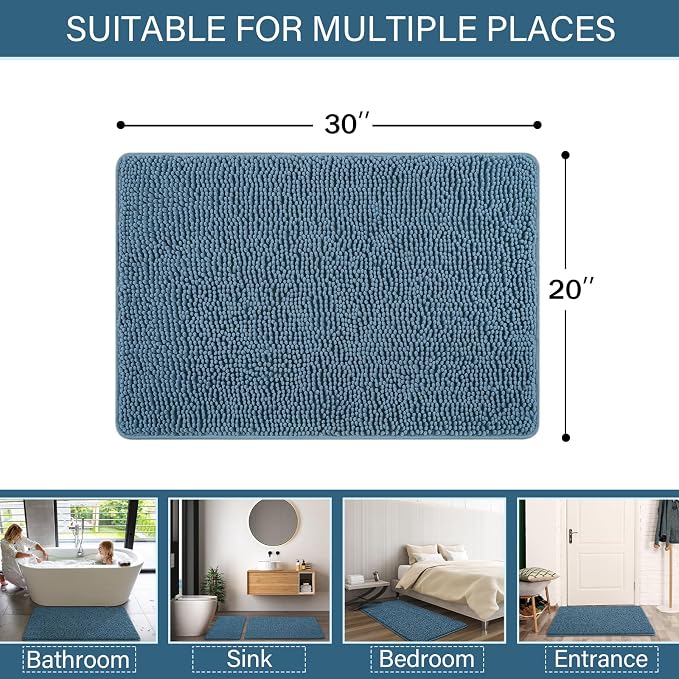 LOCHAS Luxury Bathroom Rug Shaggy Bath Mat 20 x 30 Inch, Denim Blue | Washable Non Slip Bath Rugs for Bathroom Shower, Soft Plush Chenille Absorbent Carpets