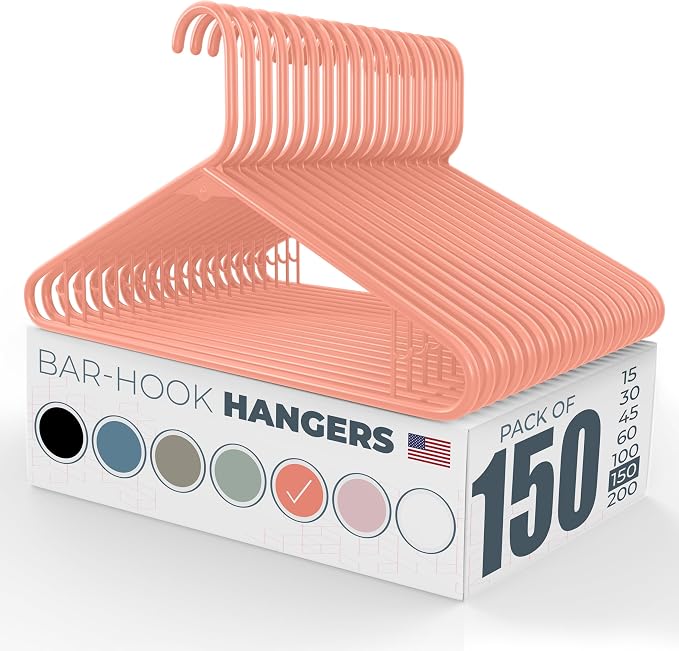 Plastic Hangers 100+ Pack (150 Count) – Made in the USA – 6lb Capacity Standard Clothes Hangers with Strap Hooks for Dresses, Lingerie, Shirts, Pants, and Jackets – Peach