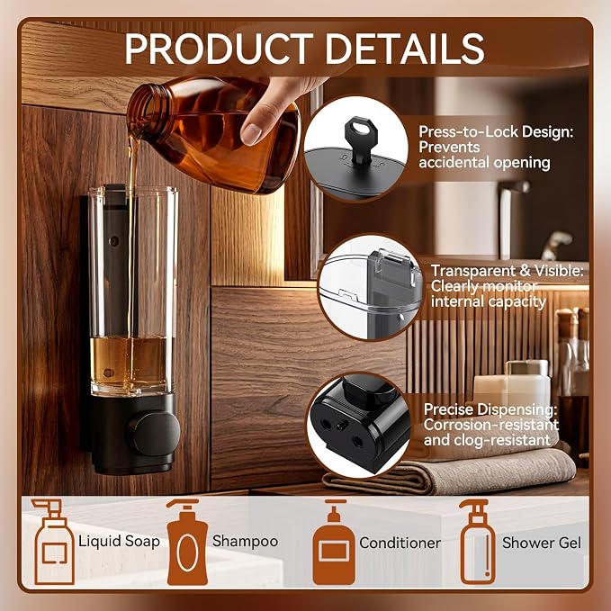 Junkin 6 Pcs Manual Bathroom Wall Mounted Soap Dispenser 300ml Black Kitchen Bathroom Commercial Shower Clear Refillable Soap Dispenser Clear Plastic Refillable Liquid Lotion Pump and Organizer