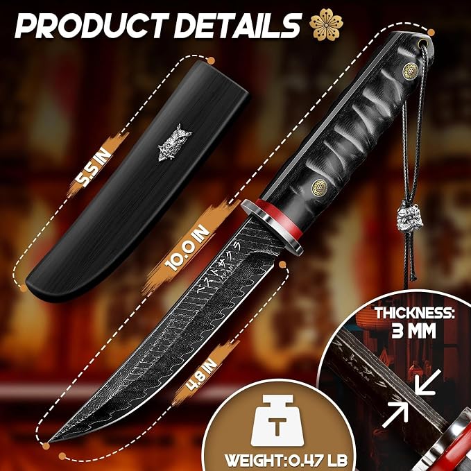 Purple Dragon Japanese Fixed Blade Knife - Ideal Gifts for Men | Gift Box, Samurai Katana Knife with Wooden Sheath, Razor Sharp Camping Knives for Survival Bushcraft