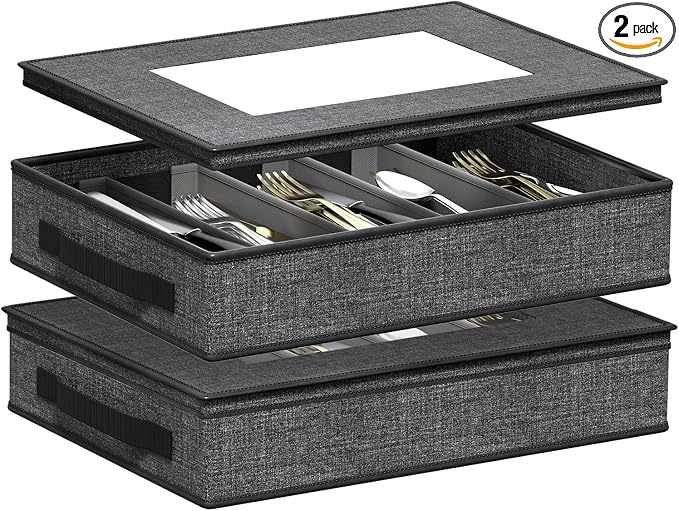 2-Pack Flatware Storage Box, Silverware Organizer with Clear Lid, Grey | Utensil Storage Case with Adjustable Dividers, Quilted, Stackable, Dual Zippers, Reinforced Handles for Moving and Storage