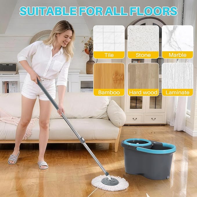 JOYMOOP Spin Mop and Bucket with Wash and Wringer Set, 360° Mop Head & Telescopic Handle, 6 Reusable Microfiber Pads, Wet and Dry Use, Hands-Free Cleaning for Hardwood, Tile, Laminate Floors & Walls