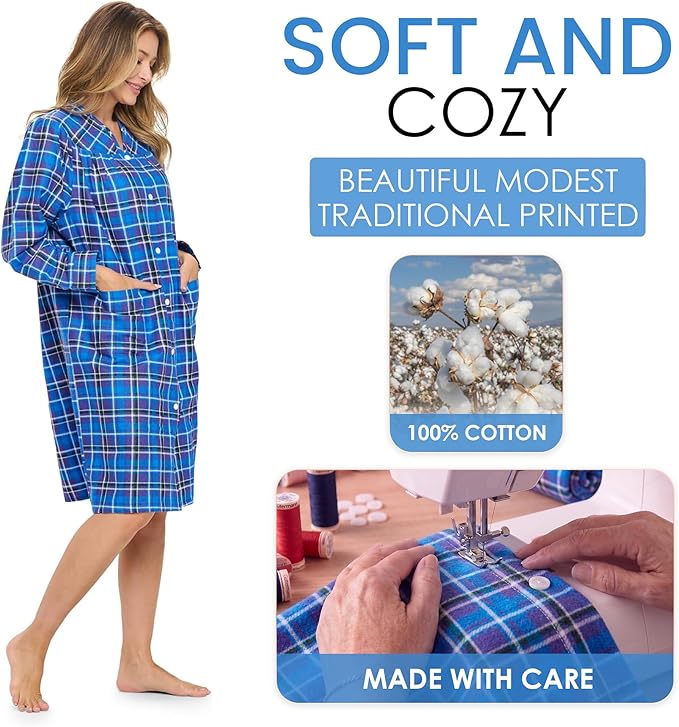 Casual Nights Women's Floral Snap Front Flannel Duster Long Sleeve Lounger Dress