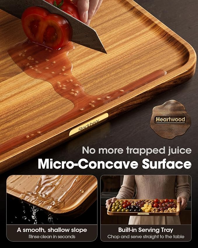 Starkbear Acacia Wood Cutting Board 15x11 Inch, Core-Cut Wooden Chopping Block for Kitchen with Sloped Juice Groove, Sleek Reversible Charcuterie Cheese Serving Tra