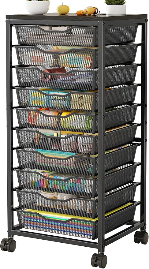 10-Drawer Rolling Storage Cart, Craft Organizers and Storage, Black | 12x12 Inch Storage Drawers for Scrapbook Paper,Classroom,Craft,Bathroom,Teacher,Office,Art,Metal Organizer Cart with wheels