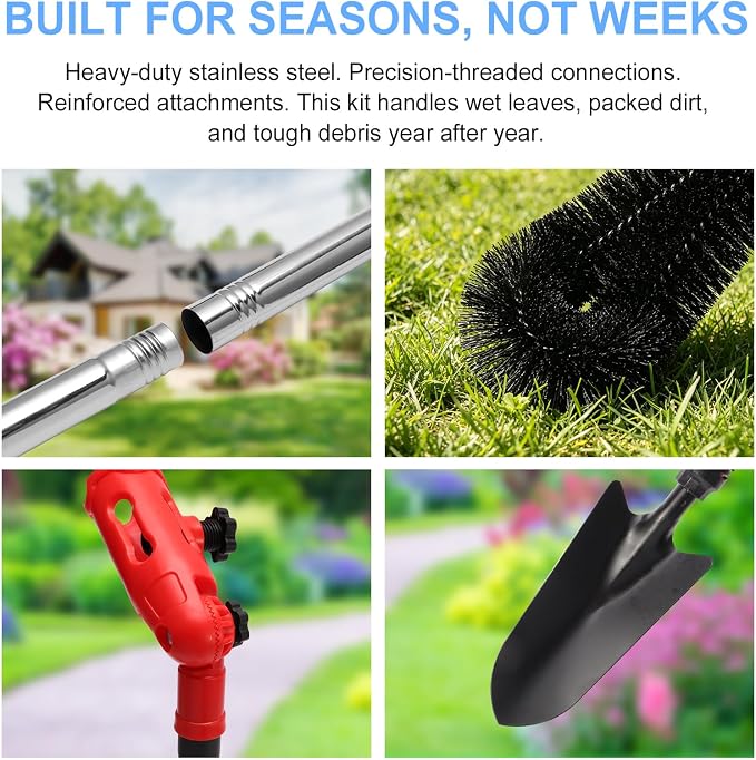 13FT Gutter Cleaning Tools from Ground, 6-in-1 Brush & Rake Kit | No Climbing Needed. Dual Universal Clamps for Any Angle. 13FT Extension Poles. Gutter Cleaner Tool with Scoop, Rake & Brush.
