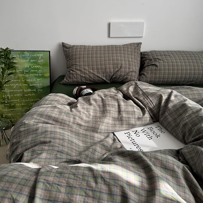 mixinni Vintage Green Buffalo Plaid Duvet Cover Set Queen Size - 3 Piece Mid-Century Washed Cotton Bedding Set with Grid Pattern, Ultra Soft & Breathable Duvet Cover with Pillowcases for All Seasons