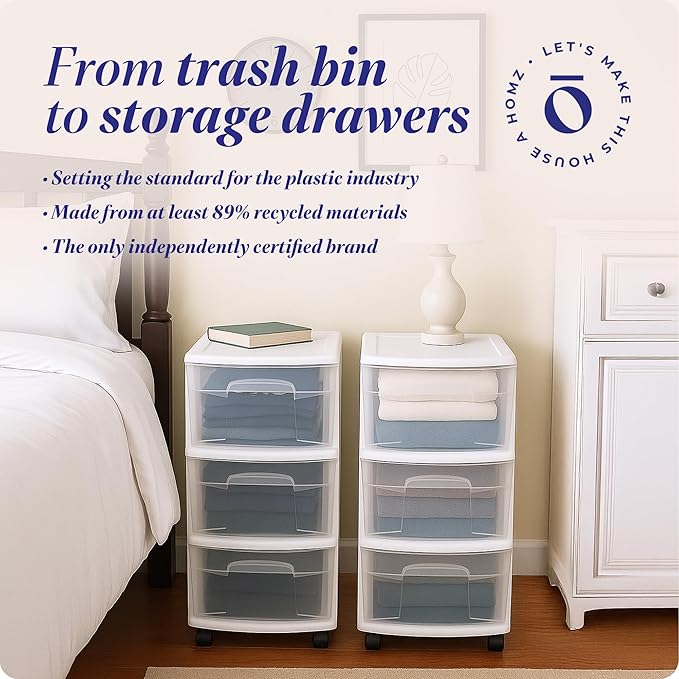 HOMZ Drawer Tower, 3-Tier Rolling Storage Cart with Removable Wheels, White Frame – Plastic Organizer with Clear Bin Drawers for Bedroom, Bathroom, Home Office, and Dorm Room