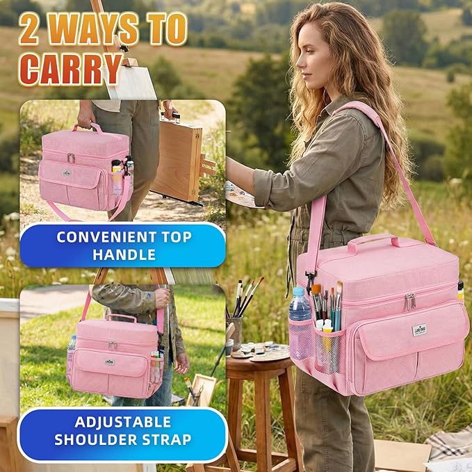 JJRING Versatile Acrylic Paint Organizer Bag With Adjustable Dividers For Multi-Size Bottles, Art Supply Storage Case Features 12-Slot Brush Holder & Clear Zipper Pocket, Travel Craft Tote(Pink)