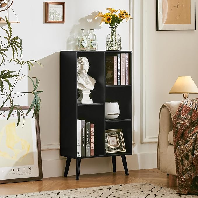 LEYAOYAO 5 Cube Bookshelf, Mid-Century Modern Book Shelf with Legs, Black | 3 Tier Bookcase, Rustic Wood Bookshelves Freestanding Small Storage Organizer, Open Shelves for Bedroom, Living Room, Office