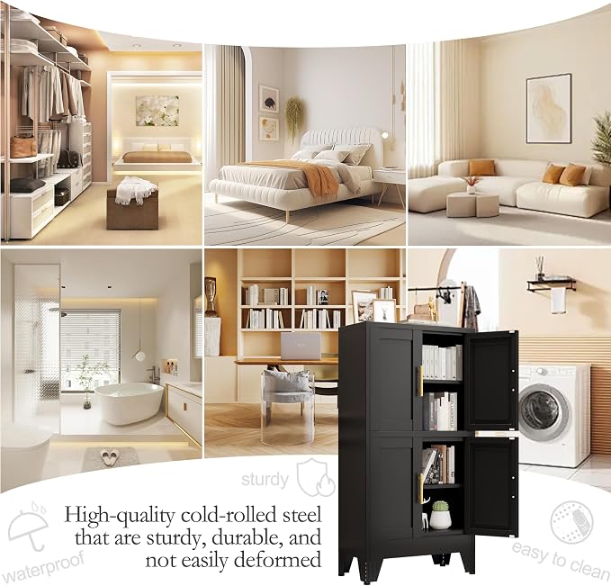 GAIOUS 47.25" Metal Storage Cabinet, Black Kitchen Food Cabinet with 4 Door | and 2 Adjustable Shelves, Freestanding Bathroom Cabinet, Pantry for Kitchen Dinning Room Bathroom, Cupboard, Food Storage