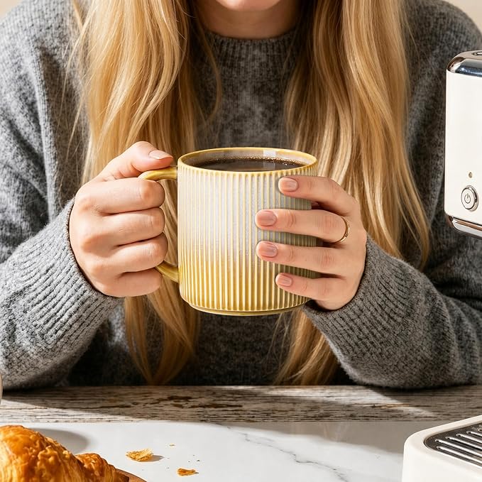theterra Ceramic Coffee Mugs Set of 6, 14.2oz Handmade Coffee Cups with Handle for Latte, Tea, Milk, Beer, Hot Cocoa, Autumn Haze