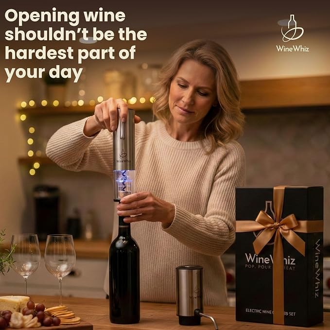 Electric Wine Aerator & Opener Set with Accessories, Rechargeable Automatic Corkscrew, Aerator, Dispenser, Foil Cutter Tool, Stopper, Wine Lovers Gift for Housewarming, Birthday, Registry, Anniversary