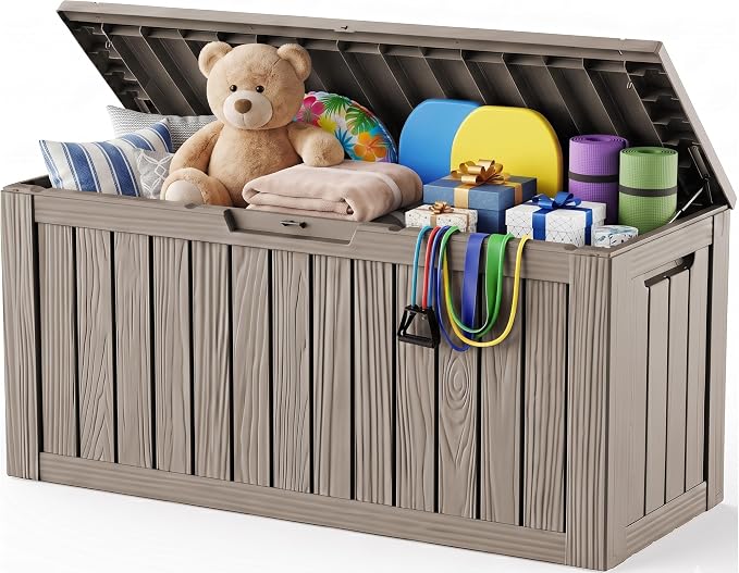 Outdoor Storage Box, 140 Gallon Waterproof Resin Deck Box with Support Rod | UV Resistant Lockable Package Delivery Bin, Shoe, Patio & Garden Tools Storage, Toy Cabinet, Ottoman, Indoor/Outdoor