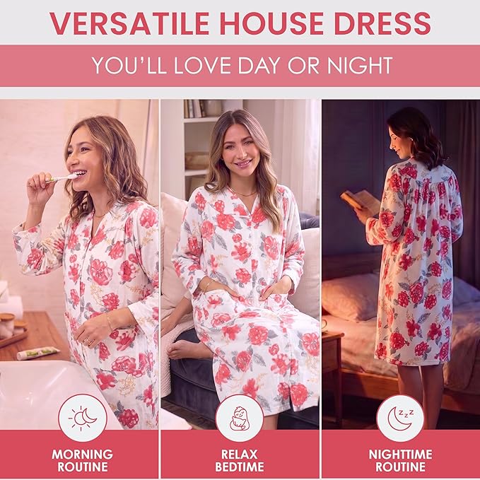 Casual Nights Women's Floral Snap Front Flannel Duster Long Sleeve Lounger Dress